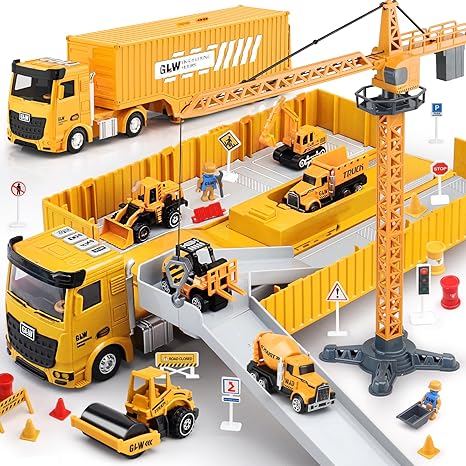 סט 60 חלקים: אתר עבודה עם משאית, מנוף וכלי צנ"ה לבנייה לילדים Pupu Pig