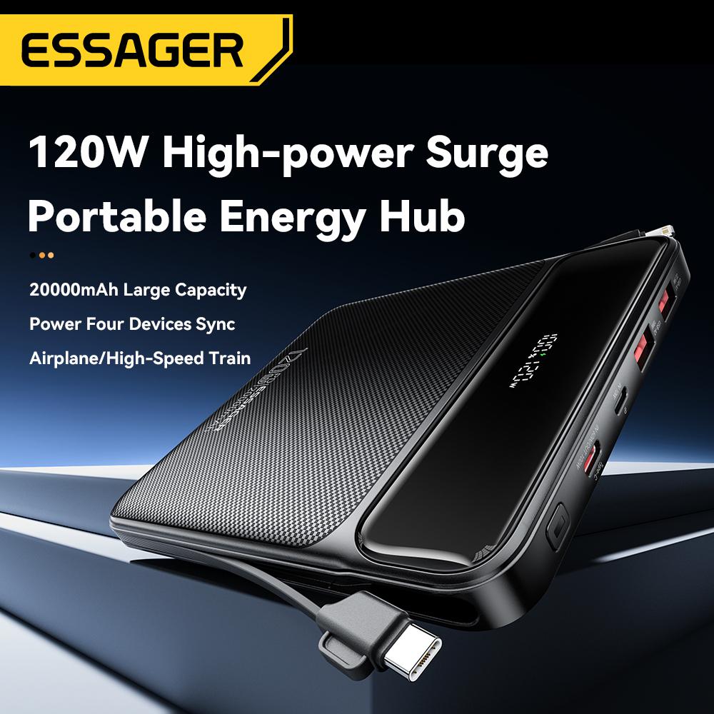 סוללת גיבוי ניידת Essager 120W עם קיבולת 20000mAh ושני כבלים מובנים