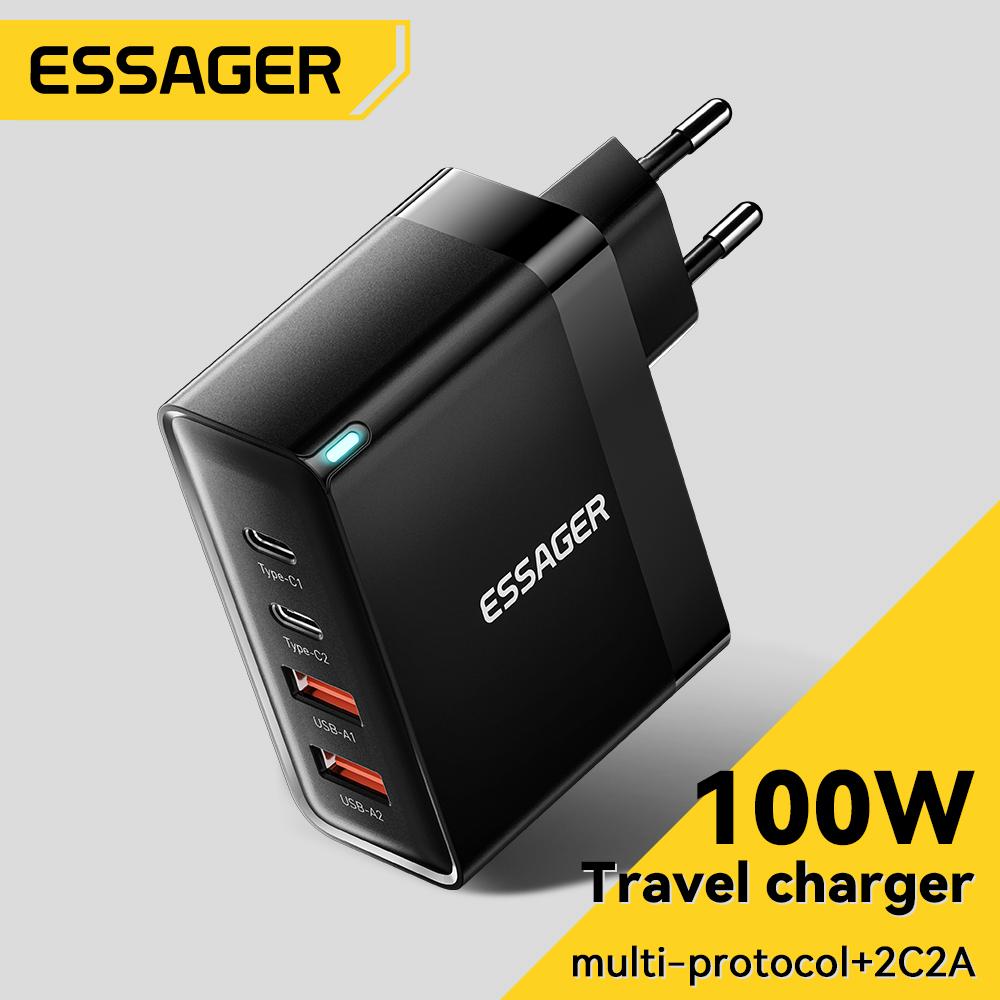 מטען קיר מהיר ESSAGER 100w עם 2 שקעי USB-C ו2 USB-A