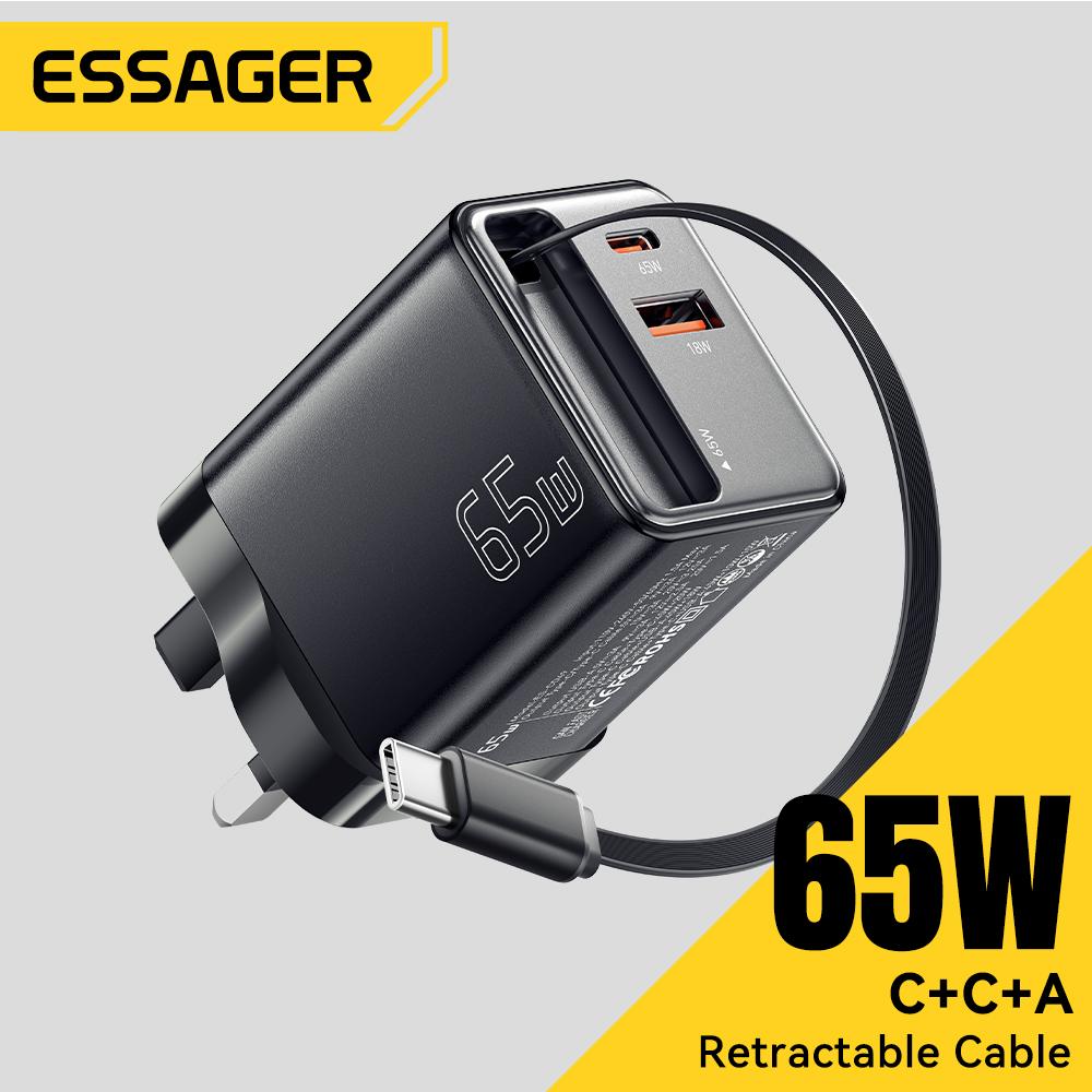 מטען מהיר GaN עם כבל USB-C מובנה מבית ESSAGER בהספק 65W