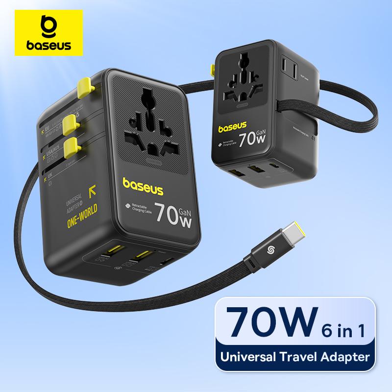 מטען נסיעות אוניברסלי עם כבל נשלף Baseus GaN 70W ⚡🌍