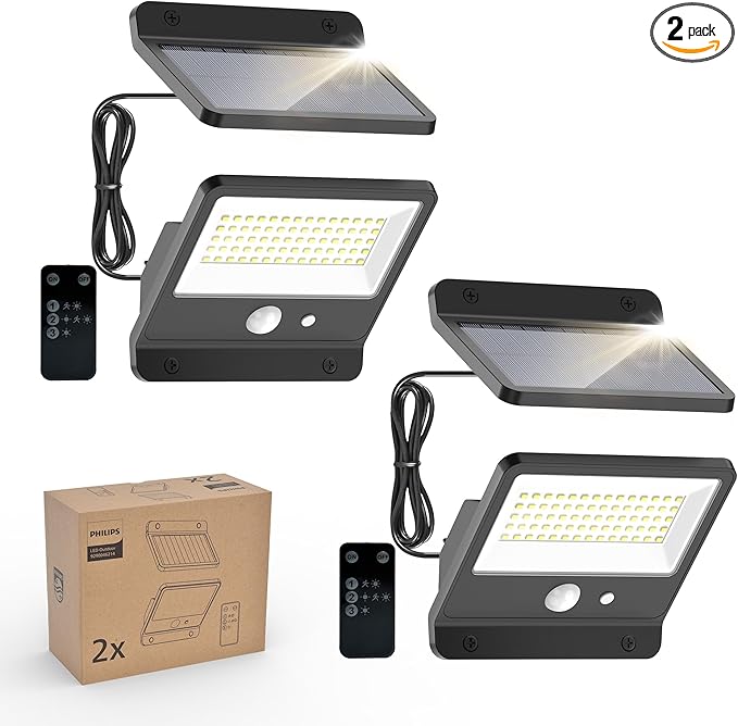 זוג תאורות הצפה סולאריות לחוץ פיליפס Philips Solar Security Light Outdoor LED 6500K עם כבל מגשר 4.8 מטר