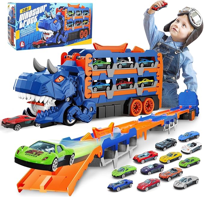 משאית דינוזאור עם מסלול ומכוניות מרוץ- Dinosaur Race Track