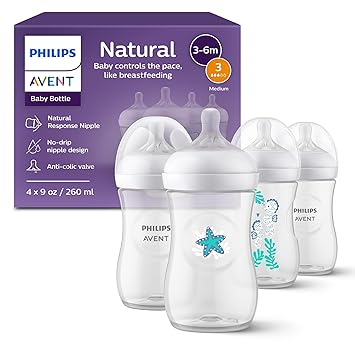 סט של 4 בקבוקי תינוקות  Philips Avent עם פטמות Natural Response (זרימה בינונית Flow 3) 270 מ״ל 🍼⭐🐠