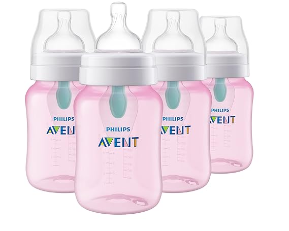 סט 4 בקבוקי תינוקות אנטי-קוליק Philips Avent עם פטמת Flow 2  AirFree, (265 מ״ל), בצבע ורוד