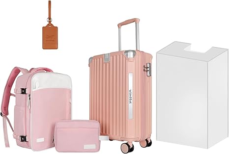 🎒 סט מזוודה, תיק נסיעות ותיק טואלטיקה בסגנון וינטג’ לנשים- בצבע ורוד מהמם 🌸
