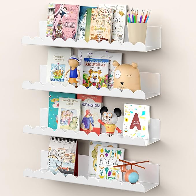 📚 סט 4 מדפי קיר צפים לחדר ילדים -ממתכת בצבע לבן באורך 43 ס"מ