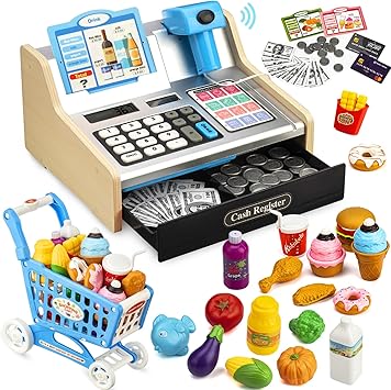 קופה רושמת מעץ לילדים עם עגלת קניות Wooden Cash Register for Kids with Shopping Cart