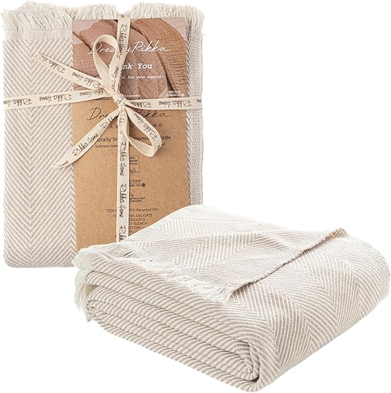 שמיכת בד כותנה בוהו-שיק גודל קווין Cotton Herringbone Chevron Bed Blanket