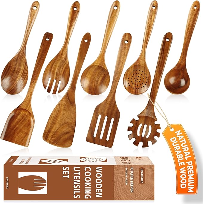 🍳 סט כלי מטבח 9 חלקים מעץ מלא SPATUAMZ 🌿