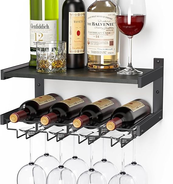 מדף יין ומשקאות תלוי עם מקום לכוסות B4Life Wine Rack Wall Mounted