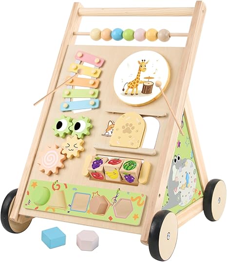 הליכון עץ לתינוק עם גלגלים Wooden Baby Walker Push Activity Center