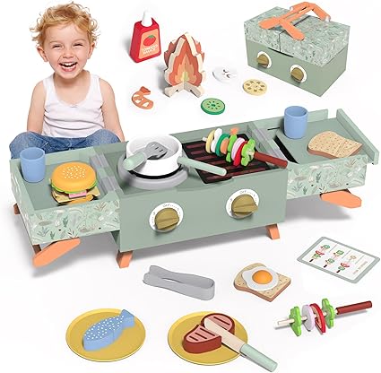 🍖🍔 סט גריל ברביקיו מעץ לילדים Wooden Kids Grill Playset 👩🍳👨🍳