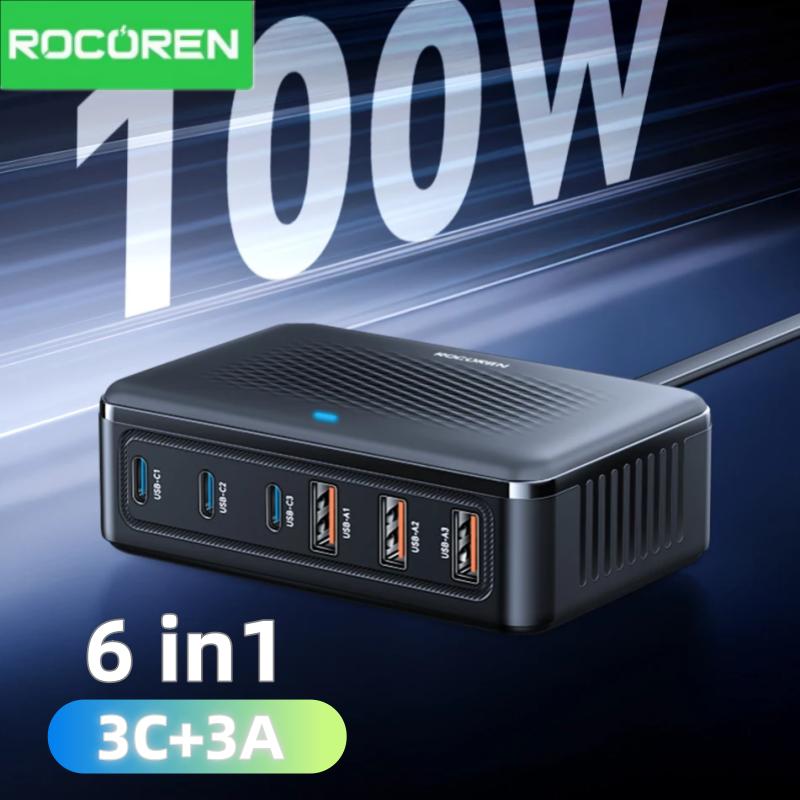 מטען שולחני מהיר Rocoren GaN 100W עם 6 יציאות USB-C/USB
