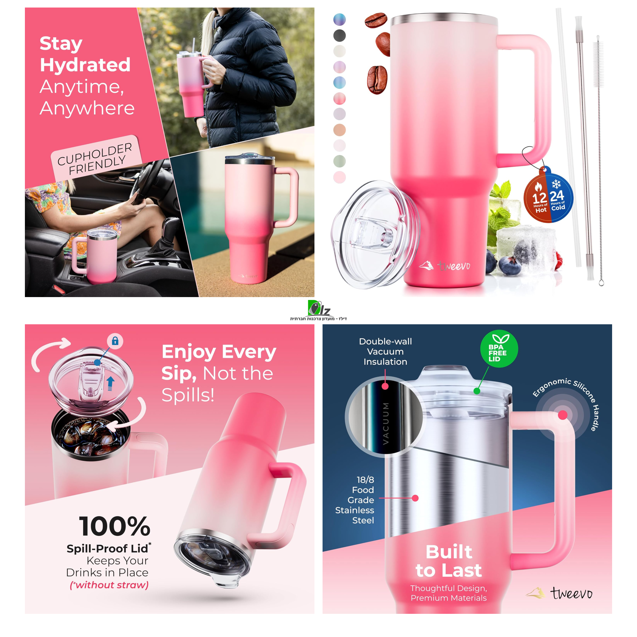 כוס תרמוס ענקית בנפח 40oz (כ-1.18 ליטר) עם ידית וקש עשוי מפלדת אל-חלד tweevo