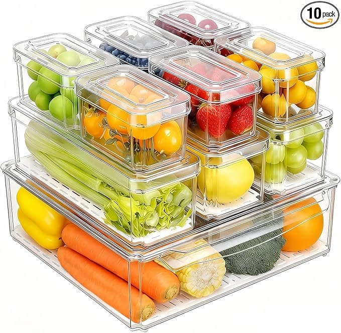 קופסאות אחסון שקופות למקרר 10 יחידות Clear Fridge Organizer Containers with Lids