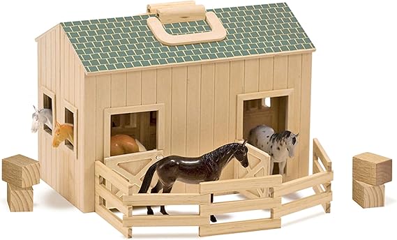 חוות עץ Melissa & Doug דגם Fold and Go Wooden Horse Stable Dollhouse עם ידית (11 חלקים)