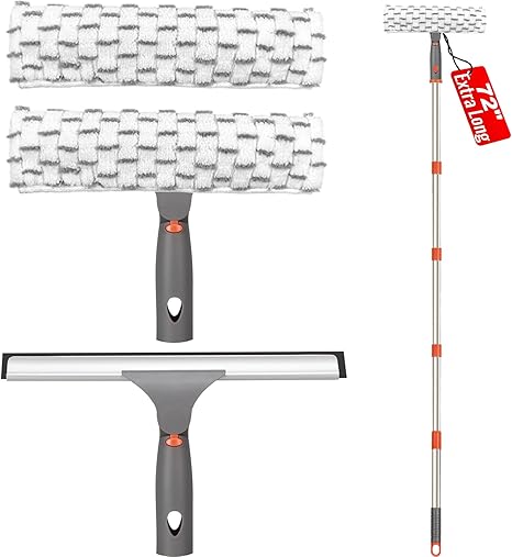 🧼 ערכת ניקוי חלונות- כוללת מגב חלונות עם ידית מנירוסטה אקסטרה ארוכה , ראש ניקוי מיקרופייבר ורפידות רב פעמיות  🪟