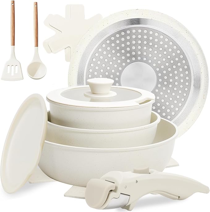 סט 2 מחבתות וסיר 10 חלקים עם ידית נשלפת Numola קרמי, נון-סטיק, בצבע לבן קרם