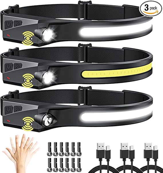 🔦 3 יחידות של פנסי ראש נטענים עם חיישן תנועה וזווית תאורה רחבה 230°💡