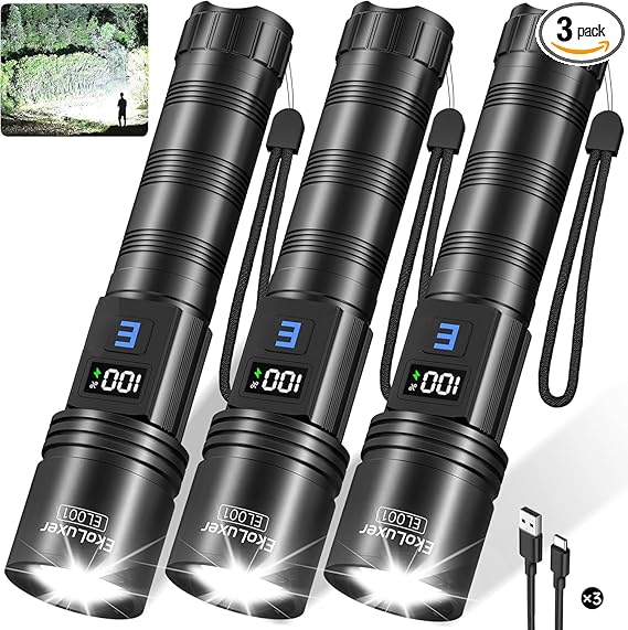 סט 3 פנסים נטענים LED בעוצמה גבוהה עם צג LCD דיגיטלי 3Pack Rechargeable Flashlights High Lumens