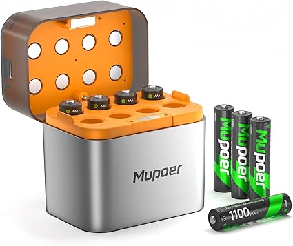 🔋 8 סוללות AAA נטענות עם מטען חכם וקופסת אחסון Mupoer 🔋