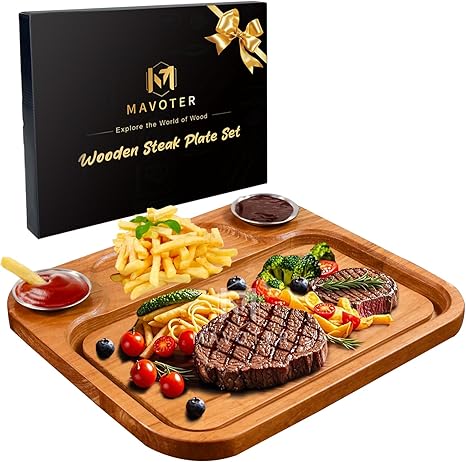 מגש עץ להגשה לסטייק Wooden Steak Plates with 2 Sauce Cups