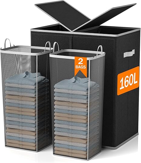 🧺 סל כביסה זוגי עם מכסה ושקי כביסה נשלפים 160 ליטר Yvonznxe