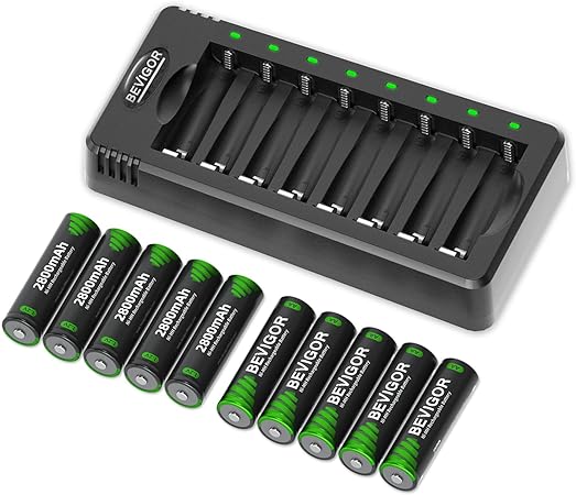🔋10 סוללות AA נטענות BEVIGOR 2800mAh + מטען ל-8 סוללות ( AA/AAA)🔋