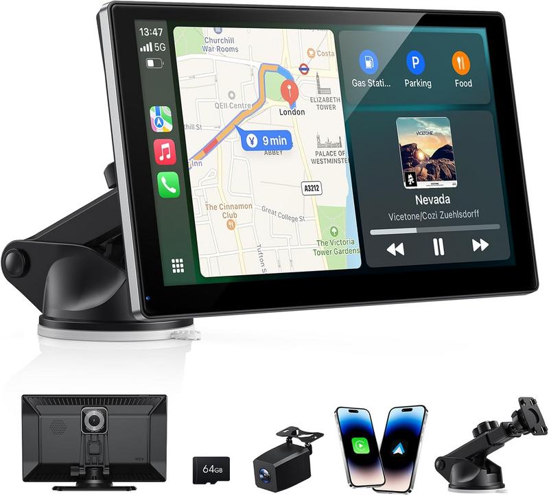 מסך מולטימדיה נייד עם Carplay אלחוטי, מצלמת דרך 4K ומצלמת רוורס 1080P בגודל 9 אינץ' אוניברסלי לכל רכב