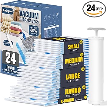 מארז 24 שקיות ואקום עם משאבה ידנית BoxLegend Vacuum Storage Bags Combo