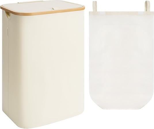 סל כביסה ענק StorageWorks 100L בנפח 100 ליטר עם מכסה, ידיות במבוק ושק פנימי נשלף