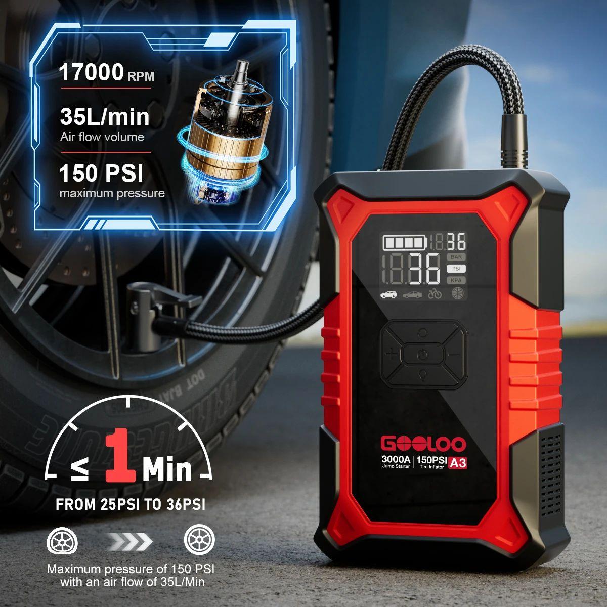 בוסטר התנעה נייד עם קומפרסור אוויר לרכב GOOLOO A3 3000A 150PSI