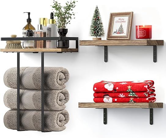 📦סט 3 חלקים – מדף מגבות ומדפי תלייה צפים ומעוצבים לקיר QHMCHLDZ, מעץ מלא