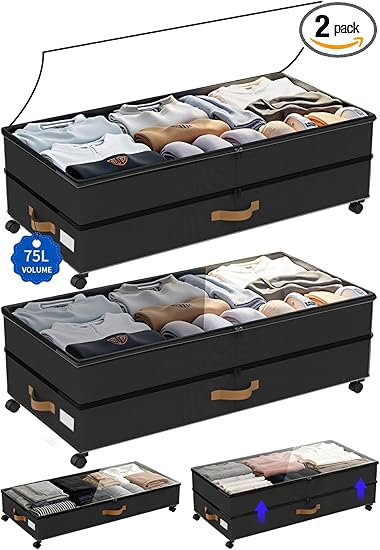 זוג ארגזי אחסון מודולרים מתחת למיטה על גלגלים 75 ליטר Under Bed Storage with Wheels 2-Pack