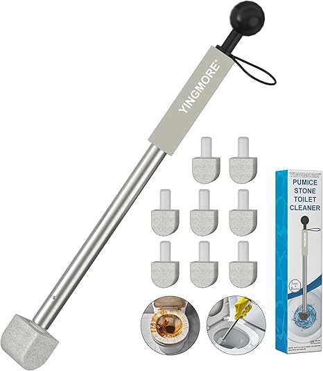 🧼 מברשת ניקוי מקצועית עם אבן פומיס טבעית באורך 42.5 ס"מ ו- 8 אבני פומיס להחלפה YINGMORE MTS-Grey 🧽