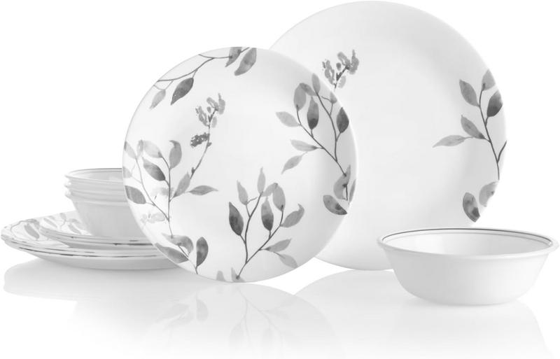 סט צלחות אוכל עמיד במיוחד Corelle 12-Piece Vitrelle Misty Leaves בגוון אפור