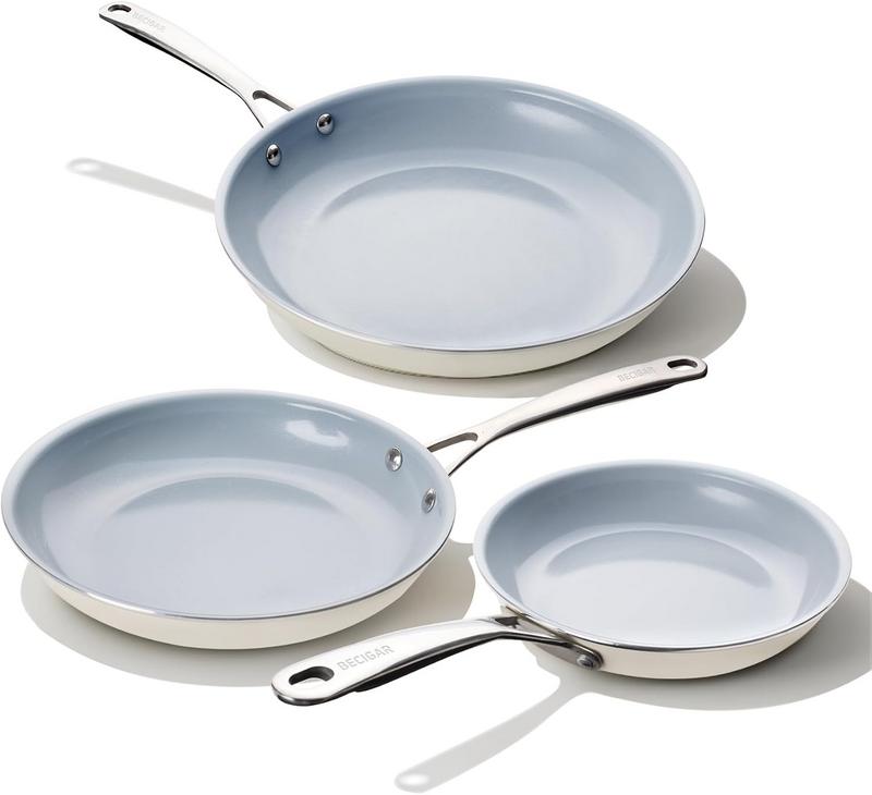 סט 3 מחבתות קרמיות ציפוי נון סטיק עם ידיות נירוסטה BECIGAR