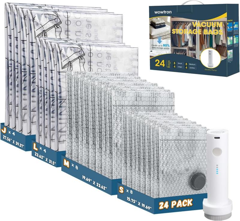 סט 24 שקיות וואקום לבגדים עם משאבה חשמלית wowtron