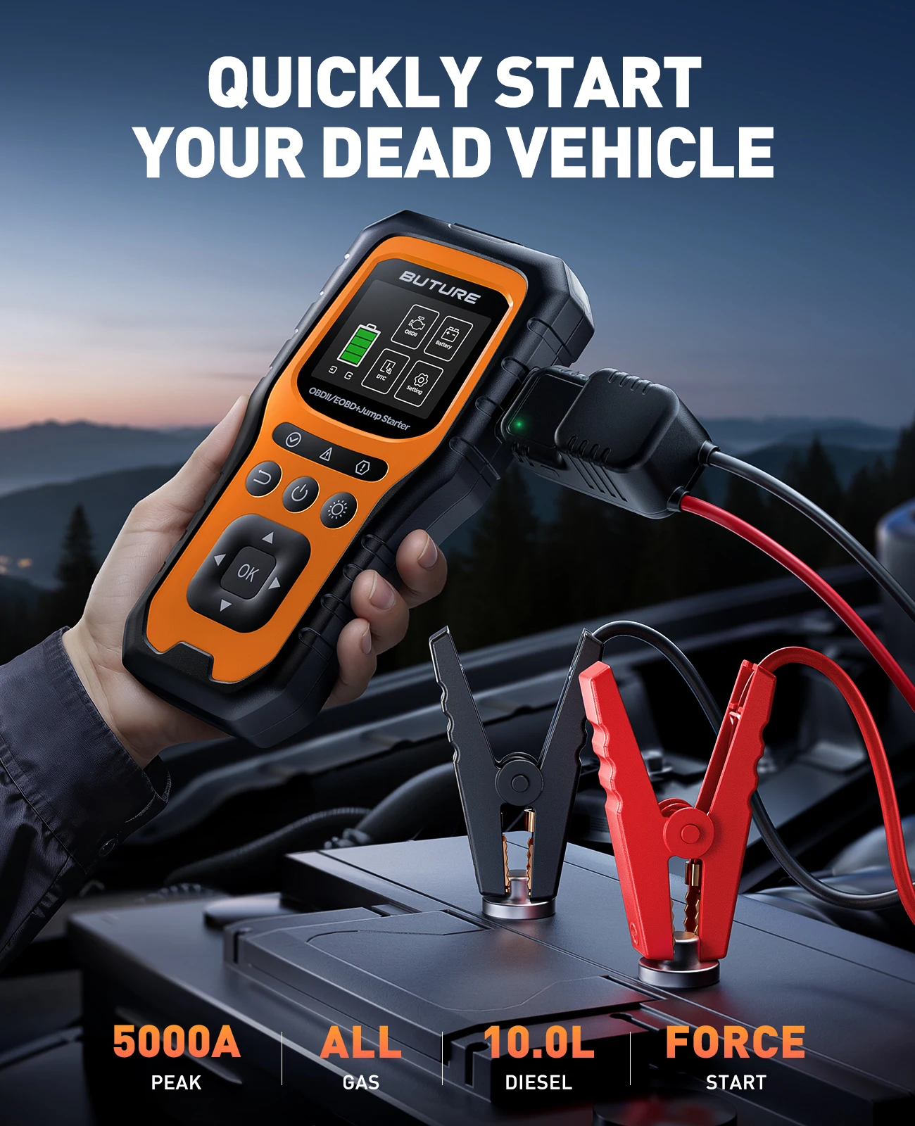 בוסטר התנעה + אבחון לרכב OBDII BUTURE 5000A 16800mAh