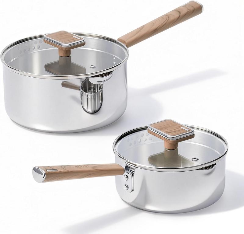 סט סירים מנירוסטה 1.5 ליטר ו-2.8 ליטר CAROTE עם מכסה זכוכית וידית עץ דמוי עץ