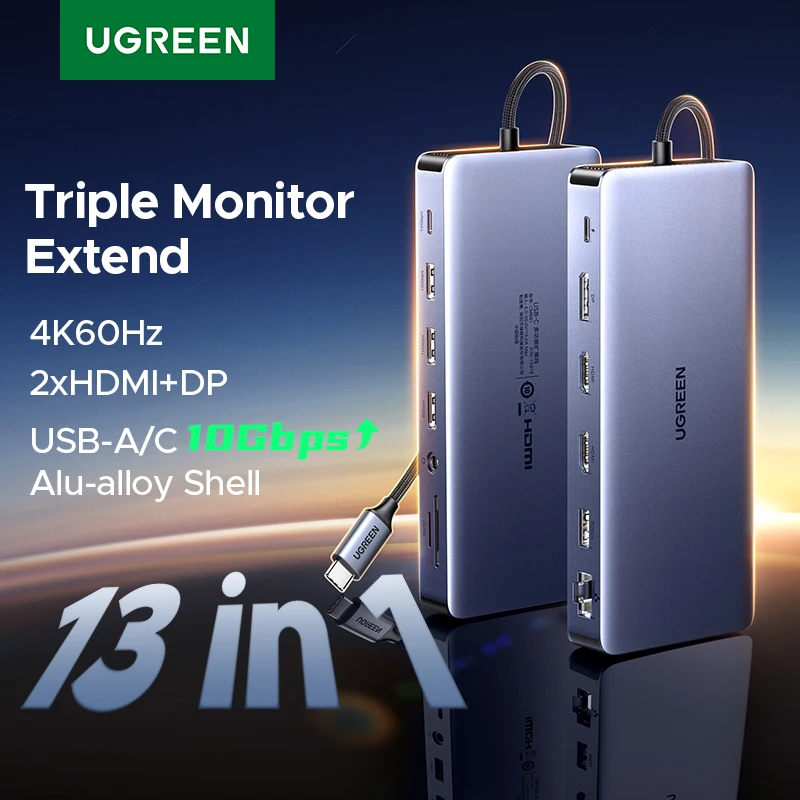 תחנת עגינה 13 ב-1 UGREEN לטריפל תצוגה עם USB-C ל-4K 60Hz ו-10Gbps