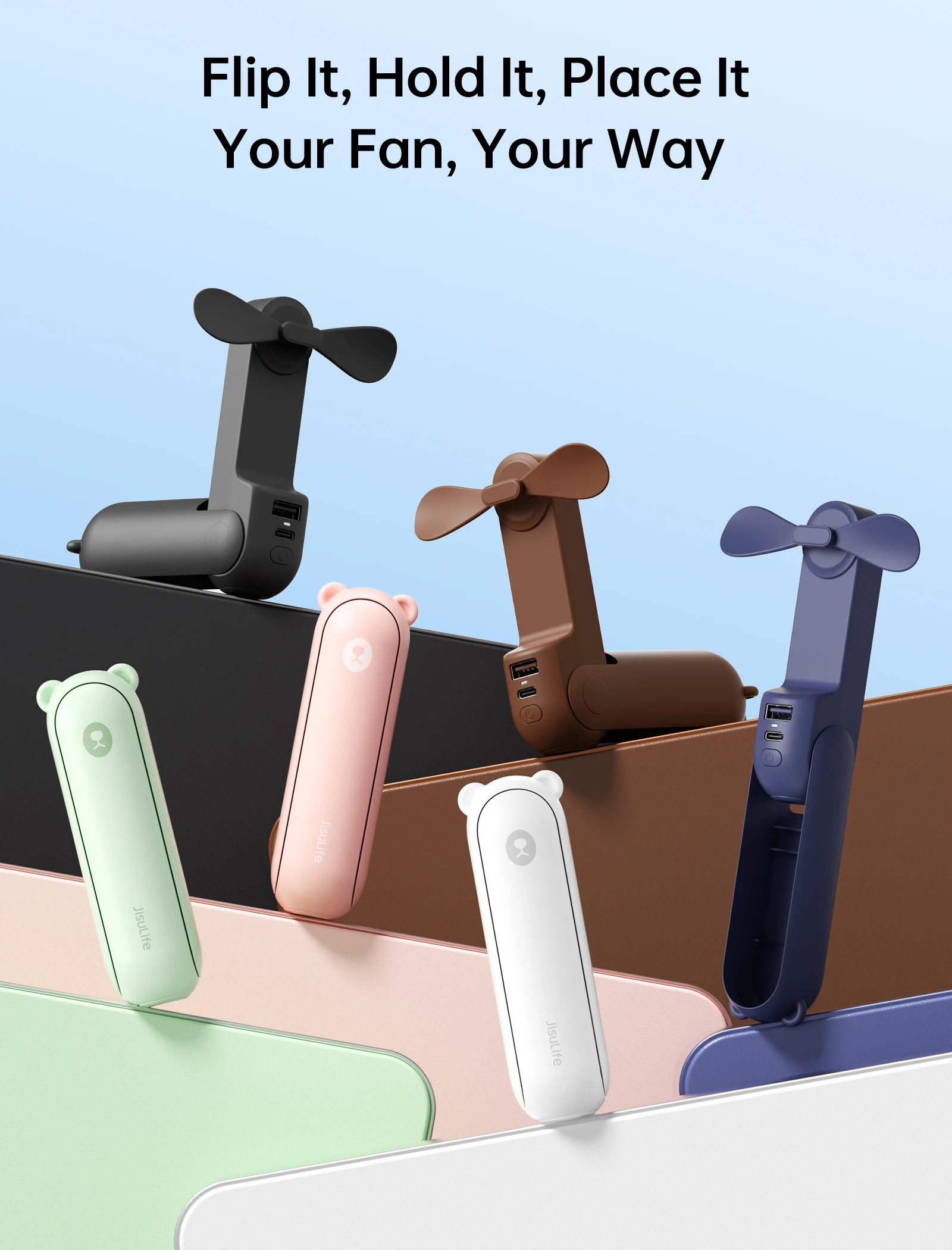 מאוורר נייד קטן ידני 3 ב-1 עם סוללה נטענת JISULIFE 4500mAh