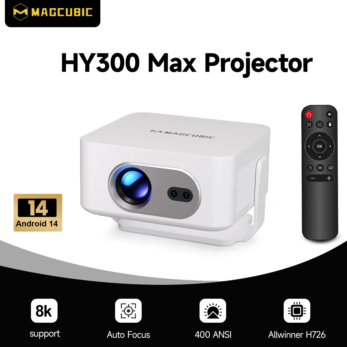 מקרן נייד חכם Magcubic HY300 Max 4K עם פוקוס אוטומטי, אנדרואיד 14 ו-Wifi 6