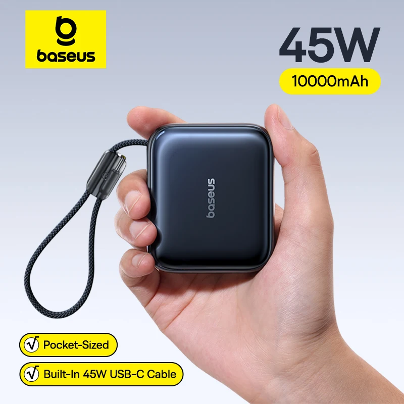 סוללת חירום ניידת קומפקטית Baseus PicoGo AC22 10000mAh 45W עם כבל USB-C מובנה