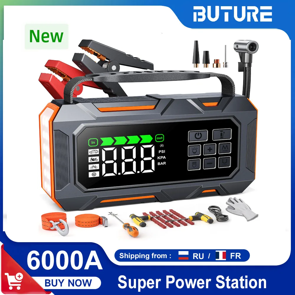 ערכת חירום רב-תכליתית לרכב BUTURE Beta09 6 ב-1 (כוללת בוסטר, קומפרסור, כלי תיקון ולהטענה ניידת)