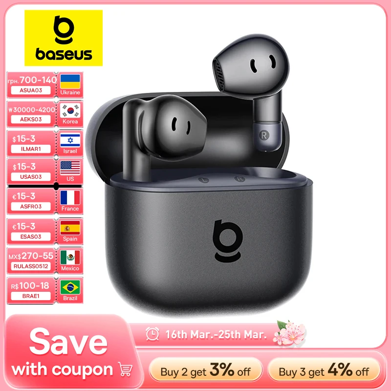 אוזניות בלוטוס אלחוטיות Baseus Bass BS2 Lite