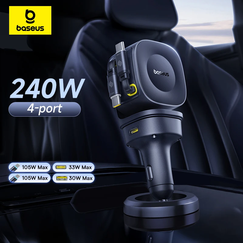 מטען רכב 4 יציאות Baseus 240W עם כבל נשלף מובנה