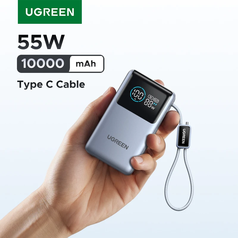 סוללת חירום ניידת UGREEN 55W קומפקטית 10000mAh עם כבל Type C מובנה