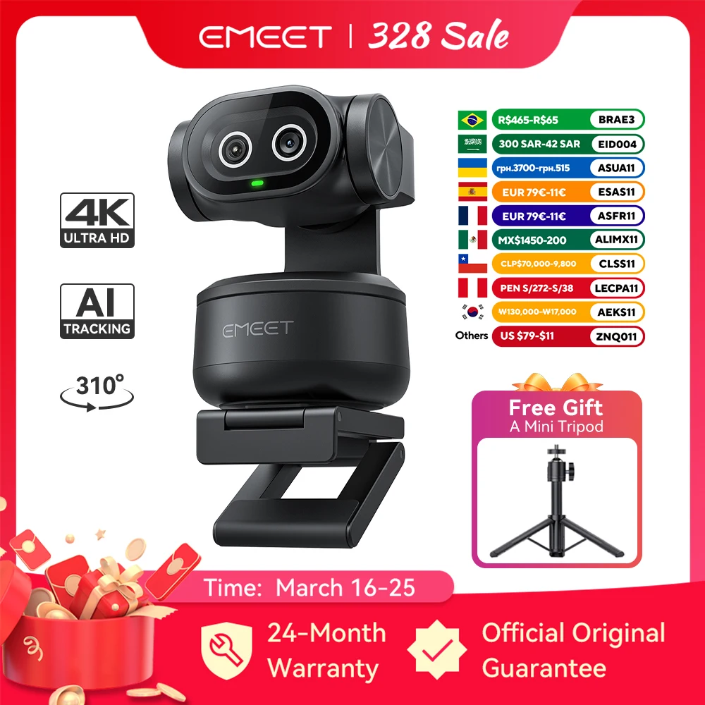 מצלמת רשת PTZ מתקדמת 4K EMEET PIXY עם מצלמה כפולה ומעקב AI